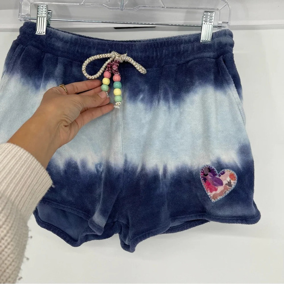 LoveShackFancy Blue Tie Dye Embroidered Patchwork Jersey Loungewear Shorts Small - Picture 3 of 5